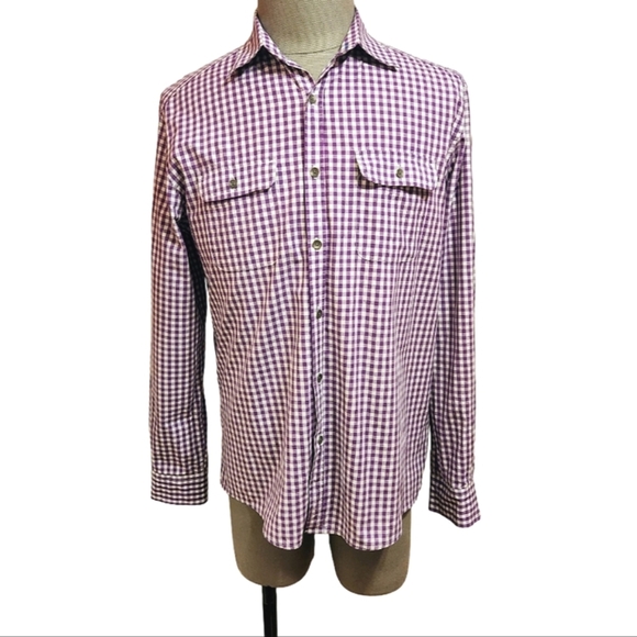 Kenneth Cole Reaction Gingham Button Front Men's Pocket Shirt Purple/White Large - Picture 1 of 9